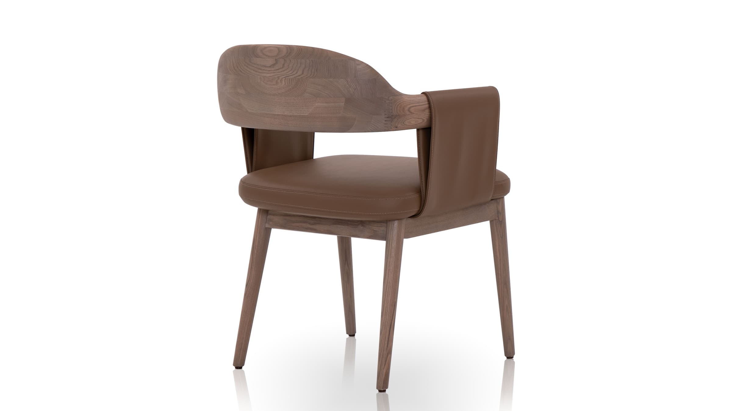 2-ACH-23028 rear three-quarter view of the brown leather and wood dining armchair