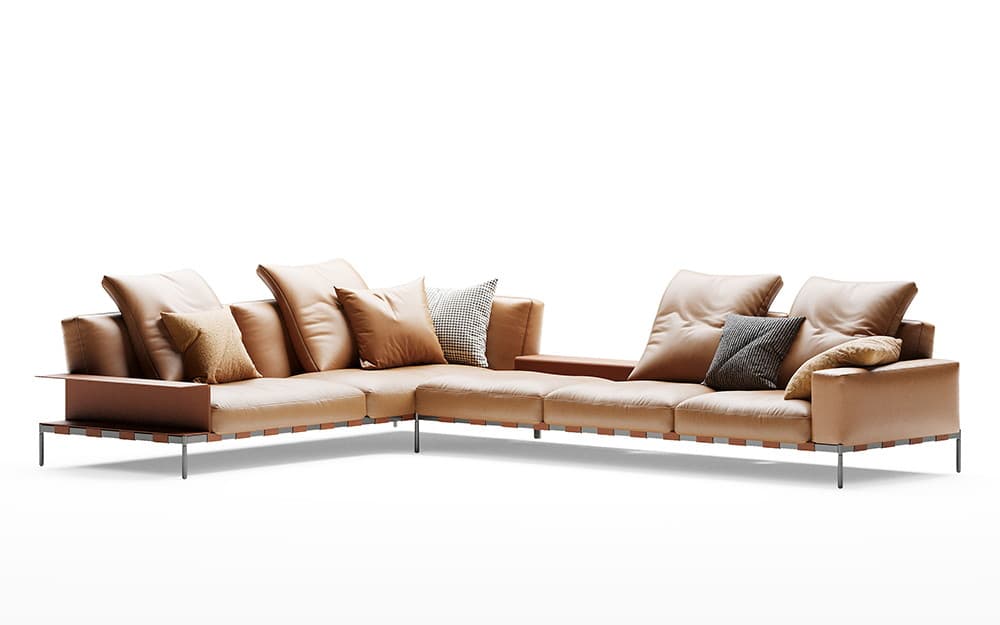 AD-SF0021 two-seat and three-seat sofas in tan leather and grey fabric — view 2