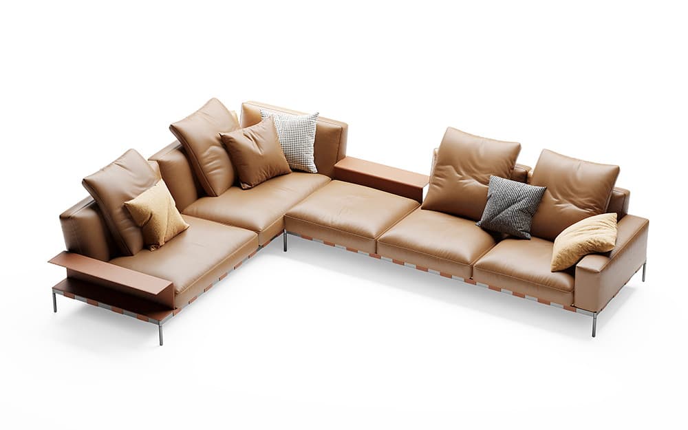 AD-SF0021 two-seat and three-seat sofas in tan leather and grey fabric — view 3
