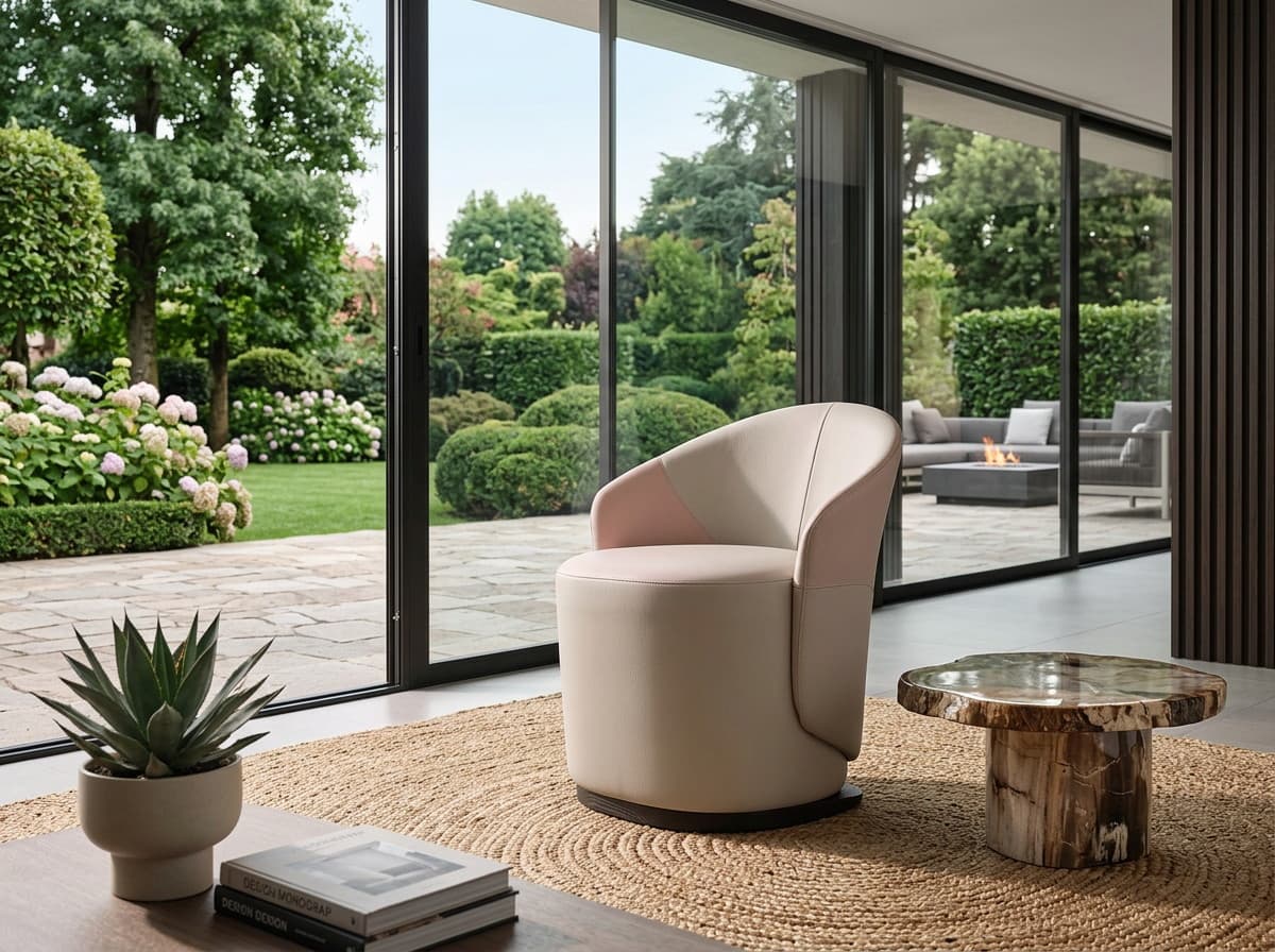 B2515 swivel tub chair in cream, shown beside a garden window