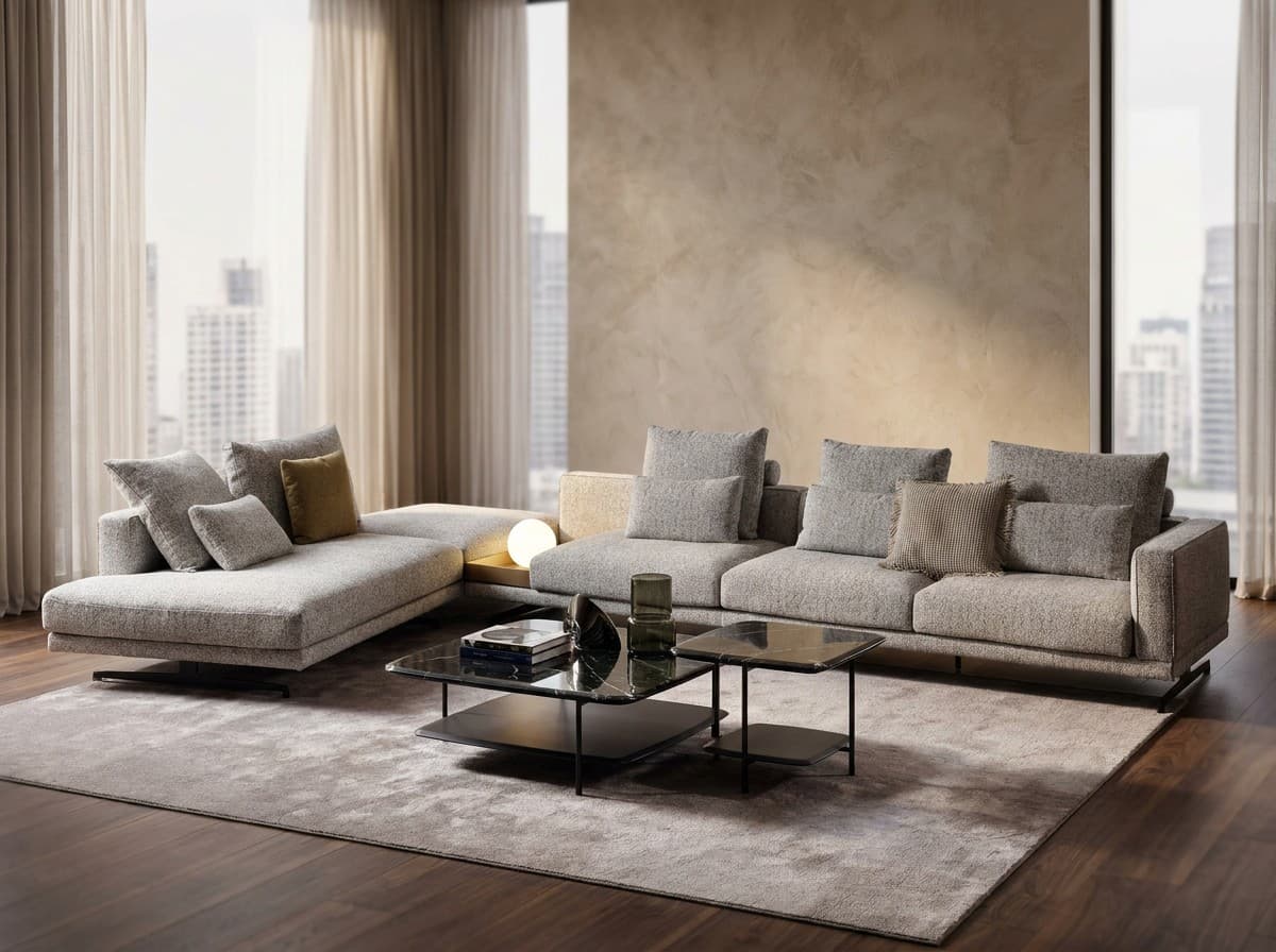 Deli grey fabric chaise sectional with mixed-texture pillows and open chaise beside black-framed tables