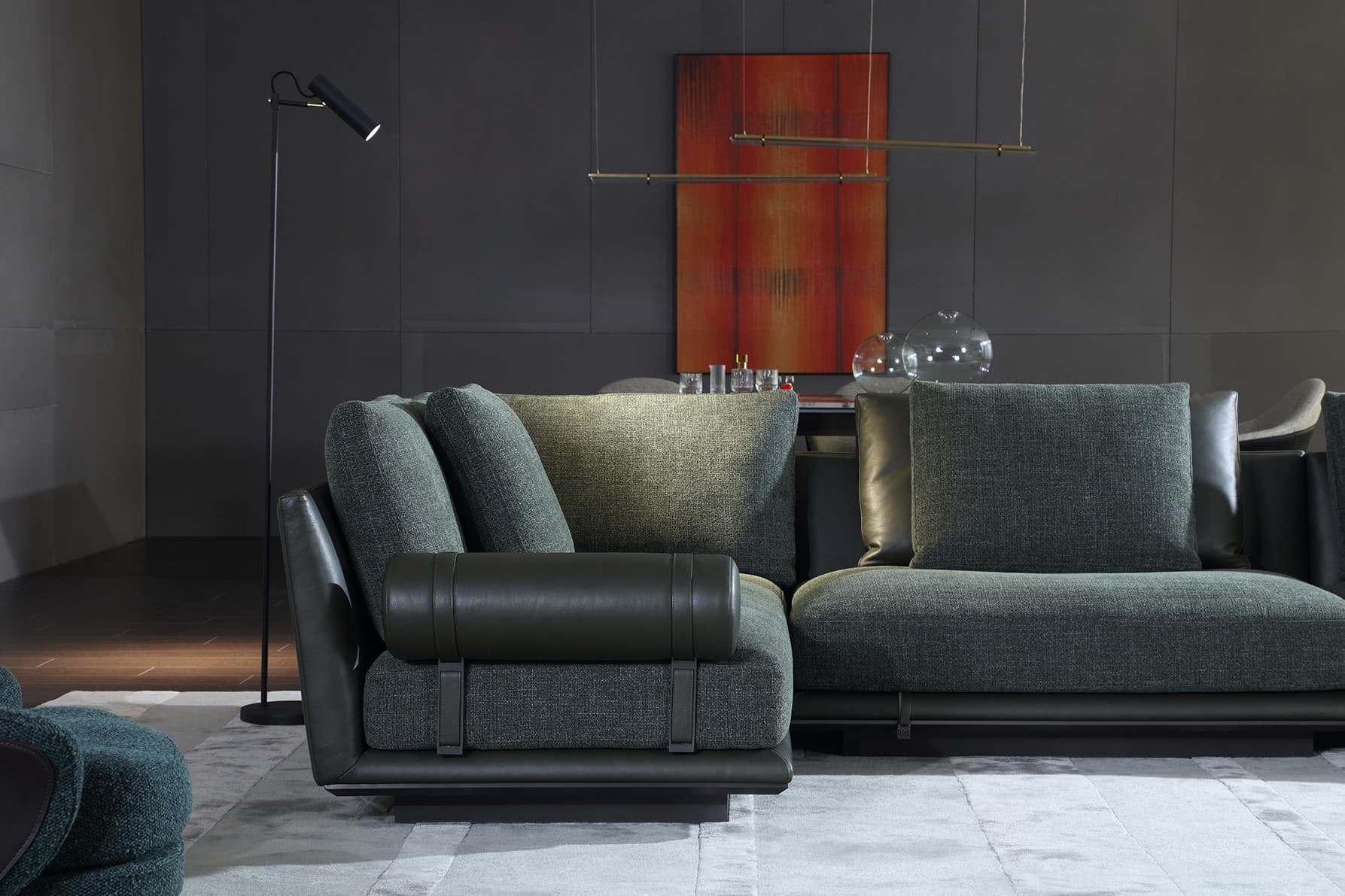 F9717 modular sofa group in olive and tan, shown in a living room — view 2