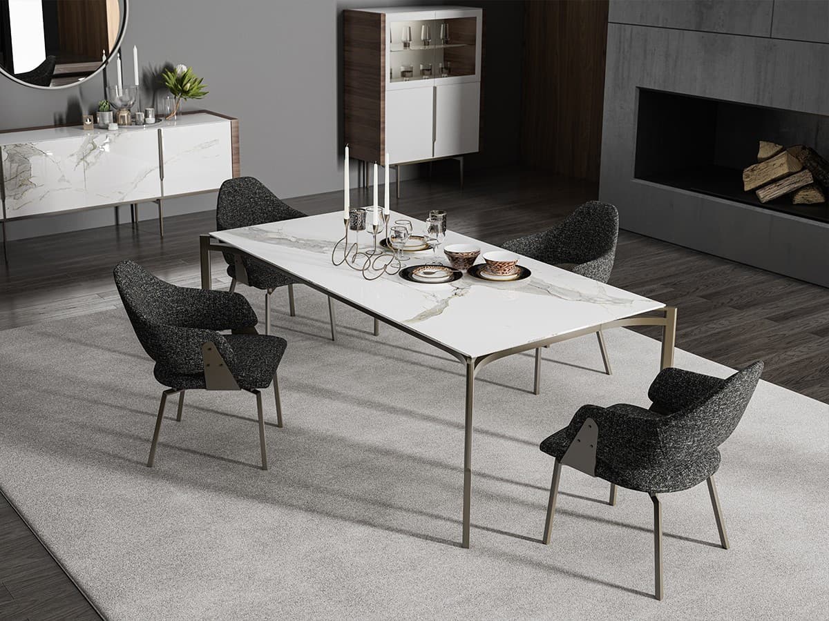 ROZA dining chairs around a marble table in a modern dining room