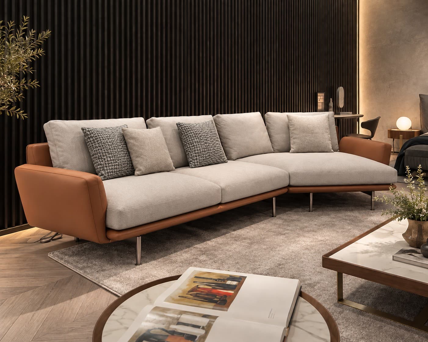 F9539 Fabric Sofa with Cognac Leather Shell