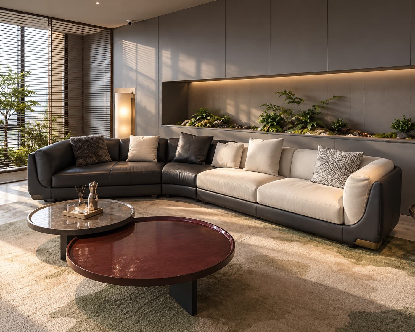 F9783 Curved Leather and Fabric Sofa